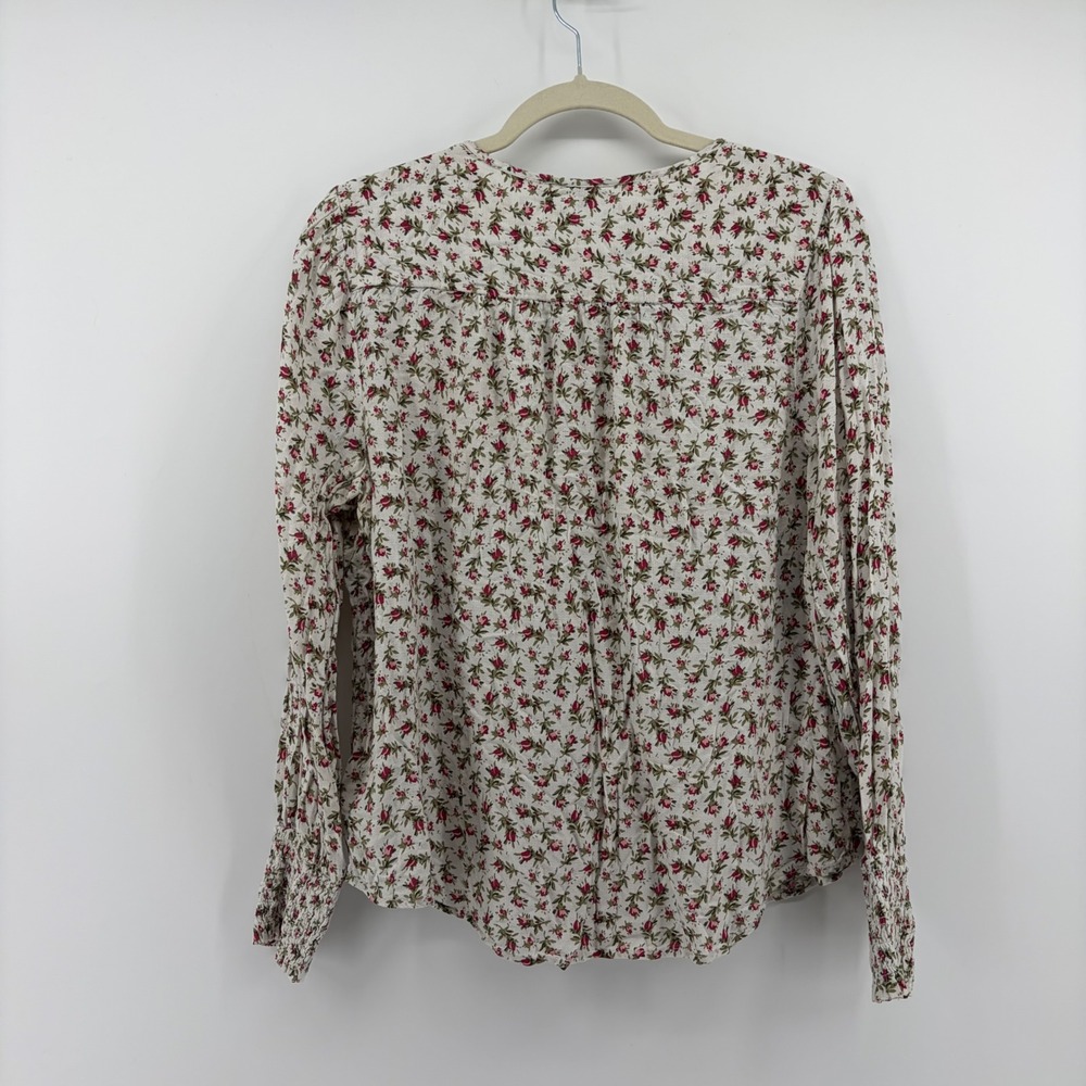 Lucky Brand Womens Large Cream Red Floral Viscose Split Tie Neck Smocked Blouse - Picture 2 of 6